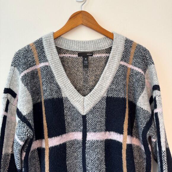 Aqua Plaid V-Neck Sweater Size Medium - Picture 2 of 5